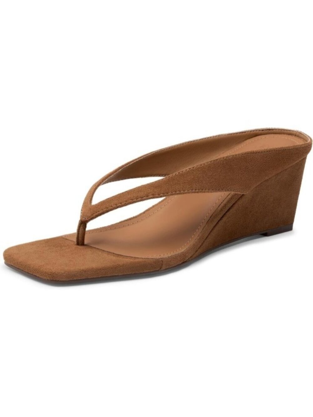 Women's Brown Suede Flip Flop Low Wedge Sandals Open Square Toe Heeled Sandals